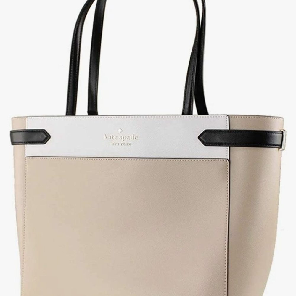 Kate Spade Staci Colorblock Laptop Tote Women's Leather Handbag Beige M